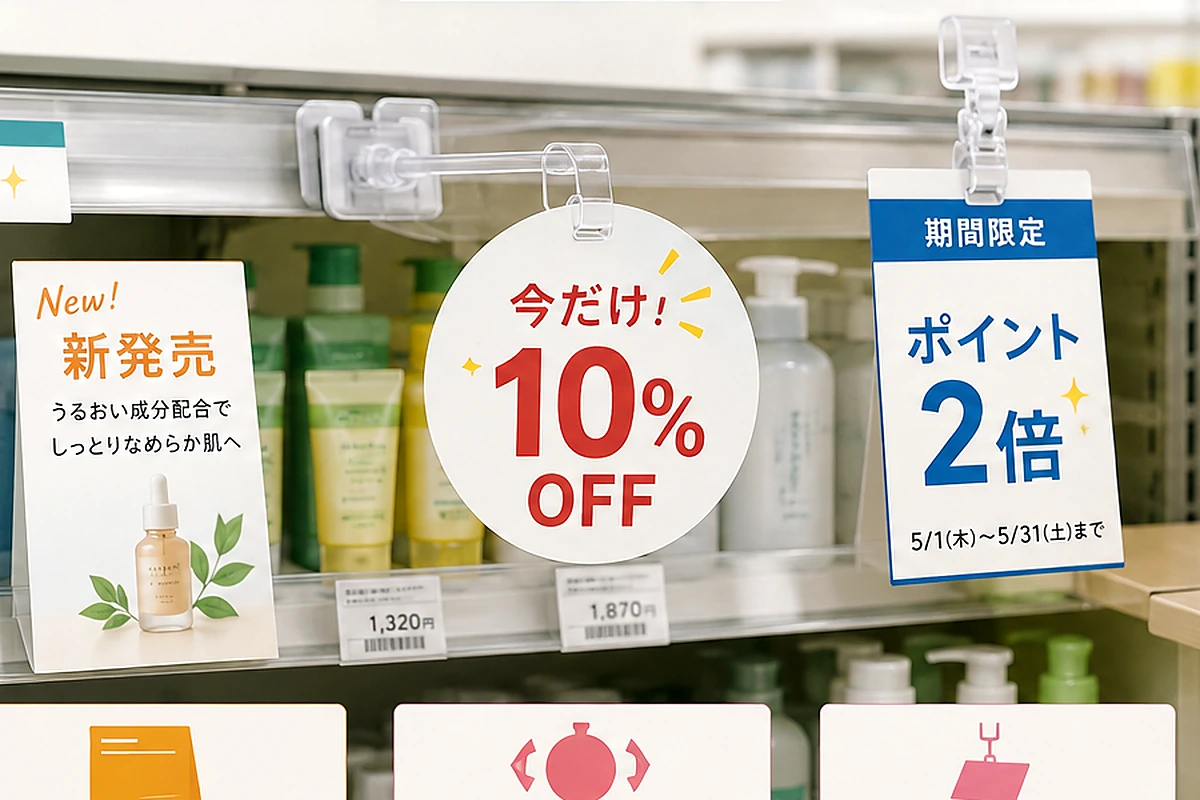 食品や日用品が並ぶ商品棚に丸型と四角型のスイングPOPを設置した売り場