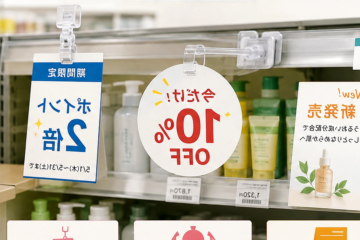商品棚に取り付けた丸型と角型のスイングPOPを比較する売り場イメージ