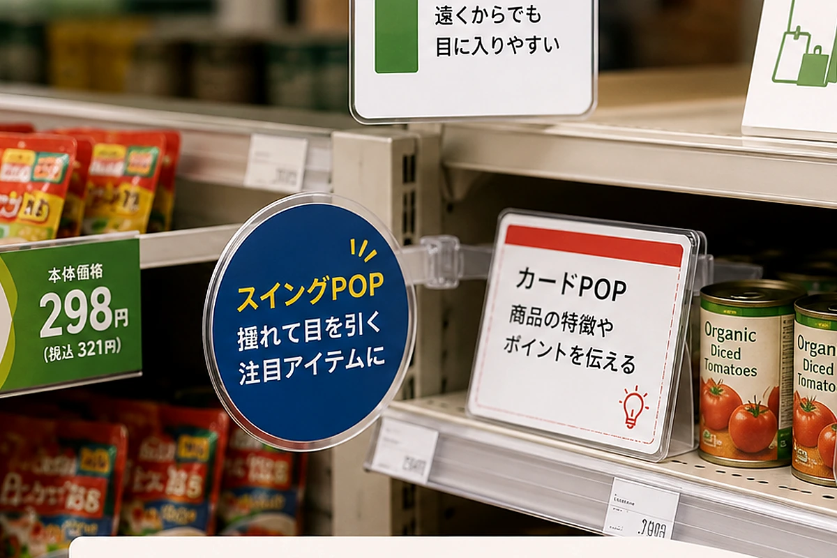 同じ商品棚でスイングPOPと棚帯・カードPOPの設置方法を比較した売り場