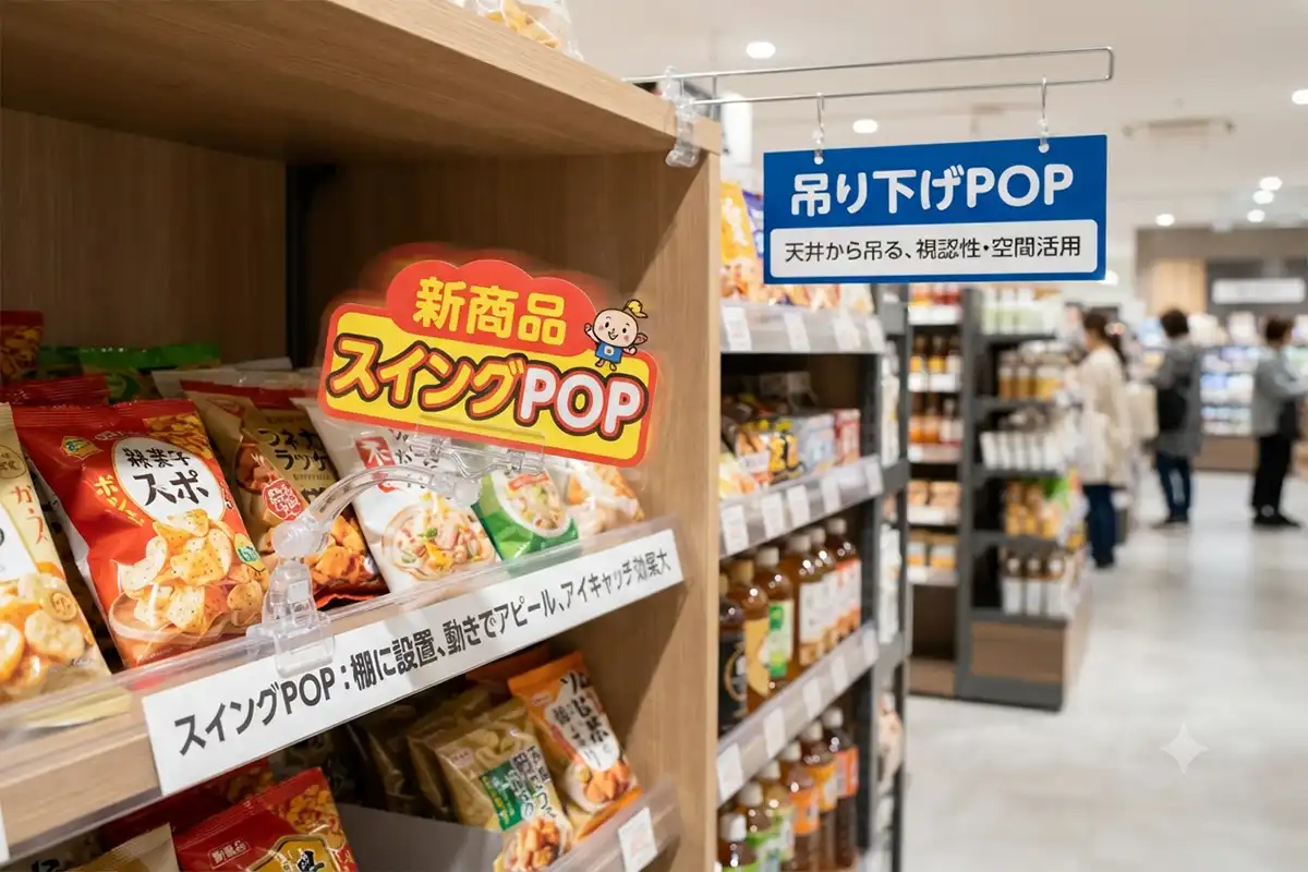 同じ売り場で棚前へ張り出すスイングPOPと上部から下げる吊り下げPOPを左右に比較した様子