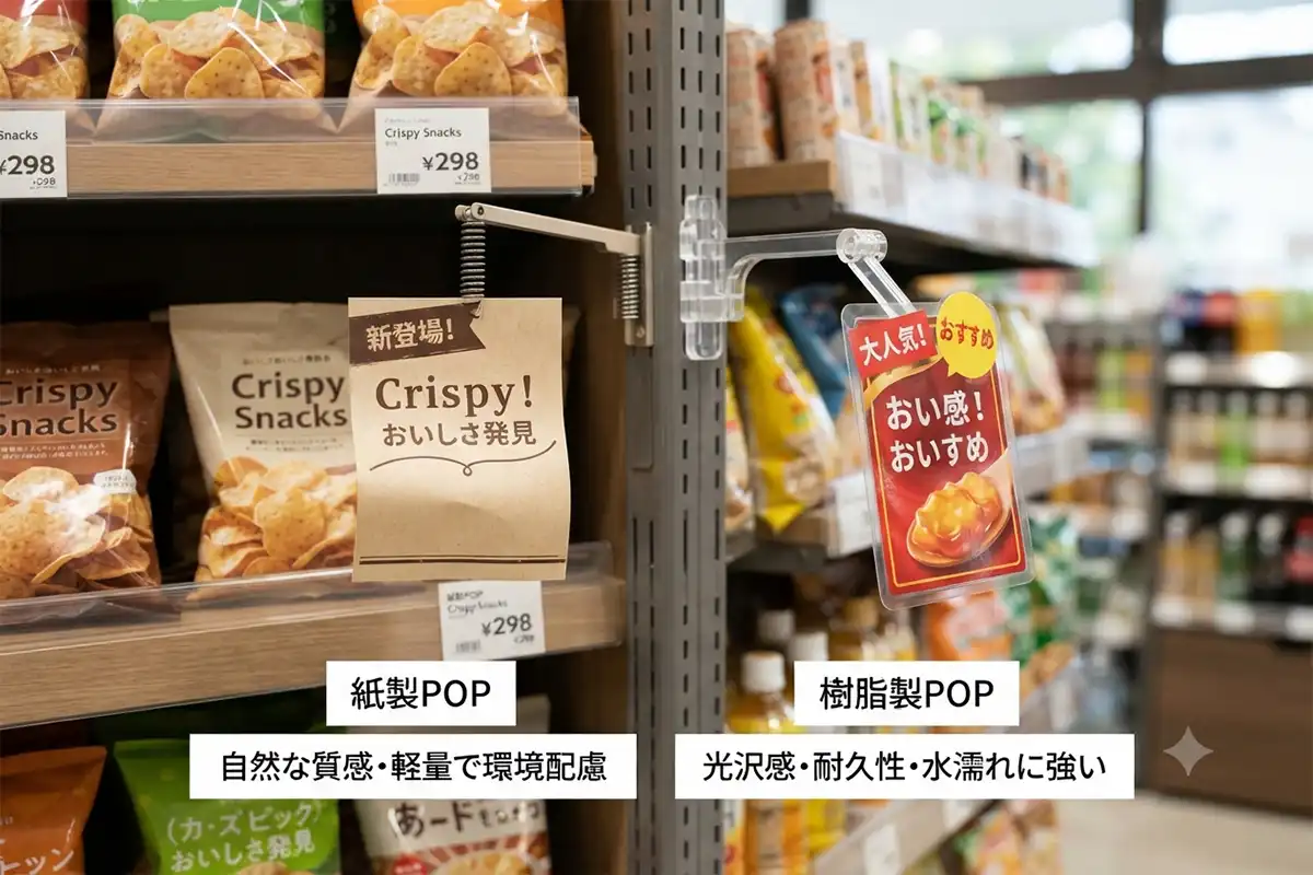 同じ商品棚で紙製の丸型スイングPOPと透明感のある樹脂製POPを比較したイメージ