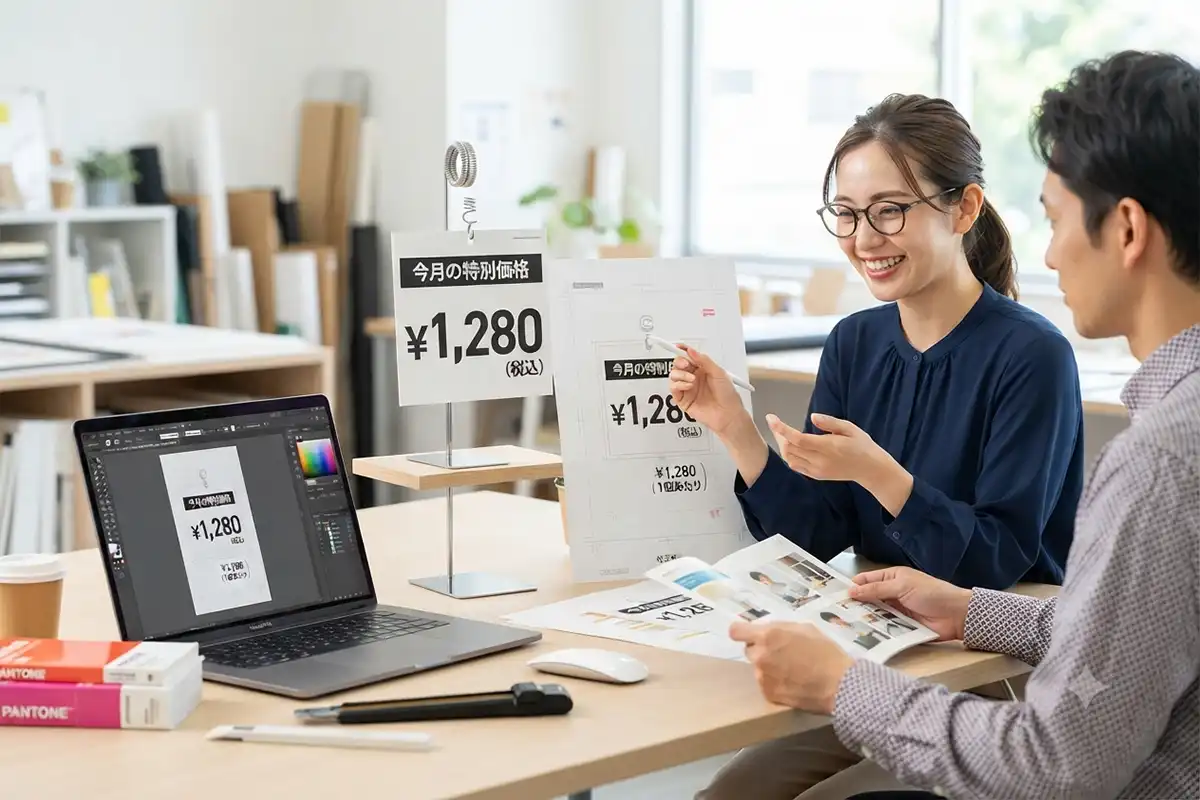 価格情報の優先順位を検討するデザイン制作デスクと棚に取り付けたスイングPOPのイメージ