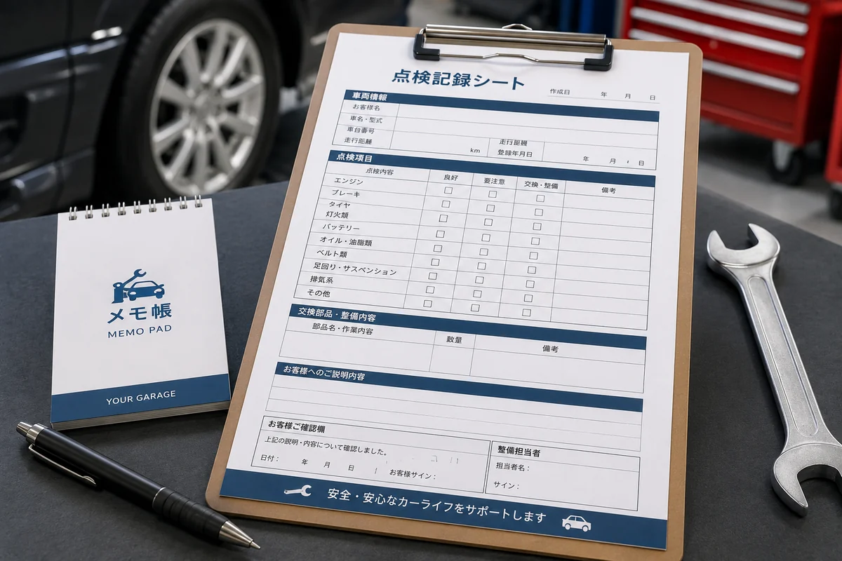 自動車整備工場で点検記録用紙を確認する実写風景