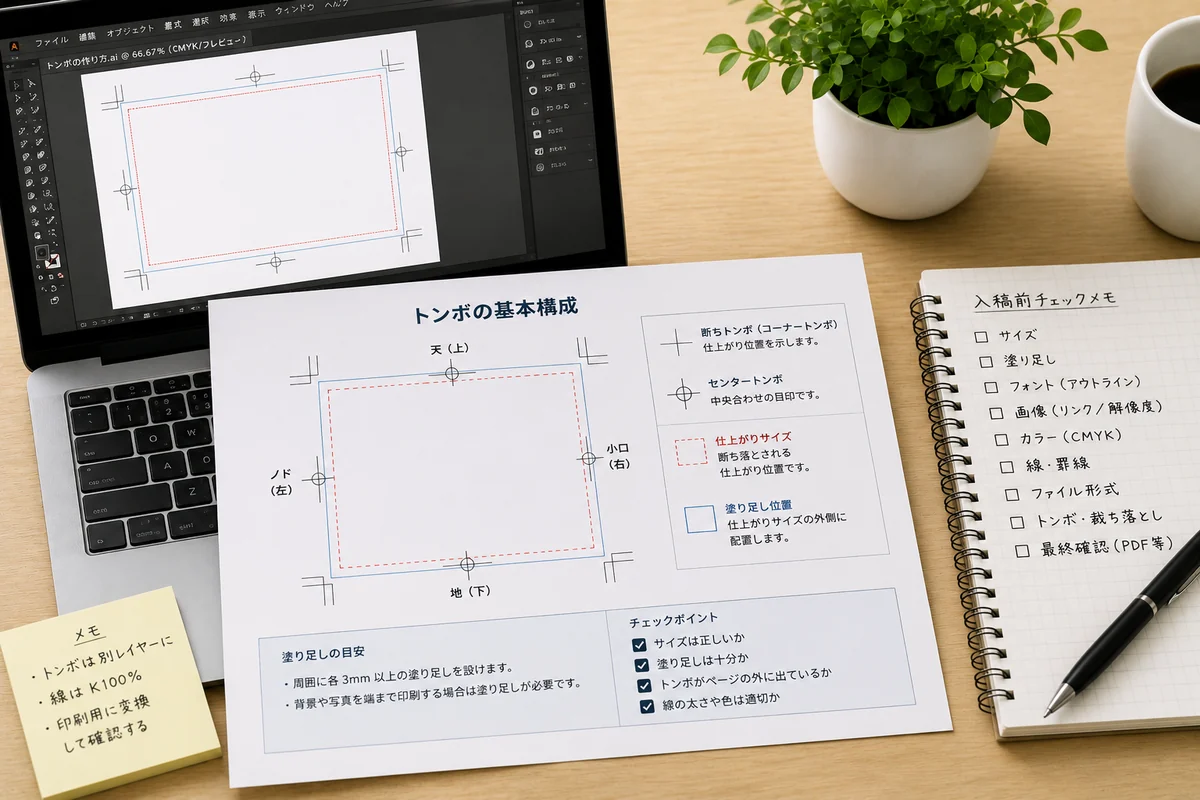パソコン画面と校正紙を見比べながらトンボと塗り足しを確認する制作デスク