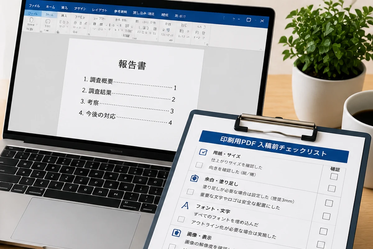 パソコン画面と出力したPDF校正を見比べてサイズや配置を確認している場面