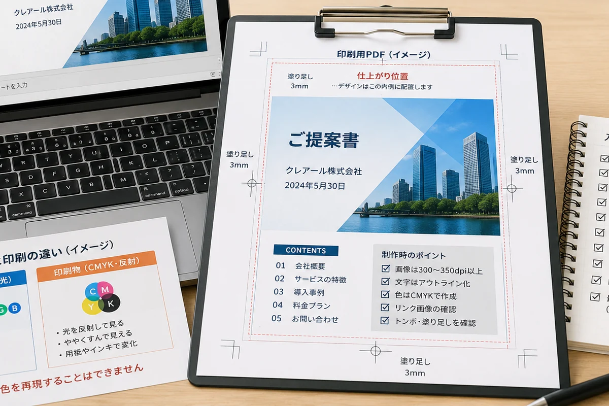 PowerPoint画面と出力したPDF校正を見比べる制作デスク